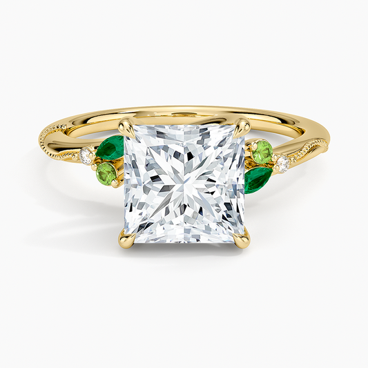 Camellia Milgrain Green Gemstone and Diamond Ring - Princess Cut Center Stone
