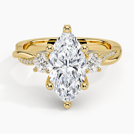 Adorned Petite Twisted Vine Three Stone Diamond Ring - Marquise Cut Center Stone