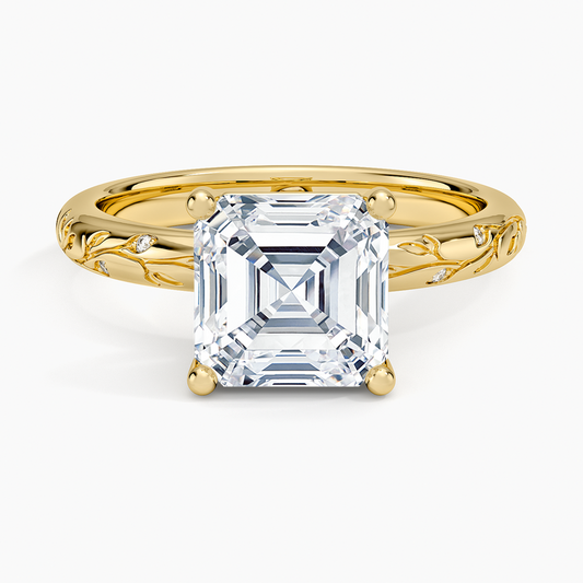 Verdure Engraved Diamond Solitaire Ring - Asscher Cut Center Stone