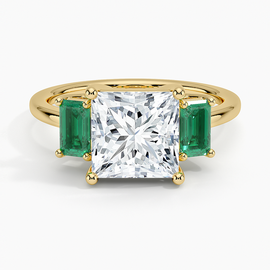 Luxe Rhiannon Three Stone Lab Emerald Ring - Princess Cut Center Stone