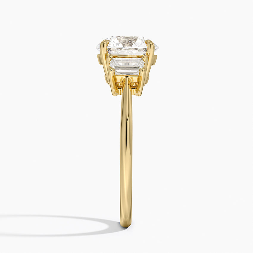 Embrace Three Stone Trapezoid Diamond Ring - Round Cut Center Stone