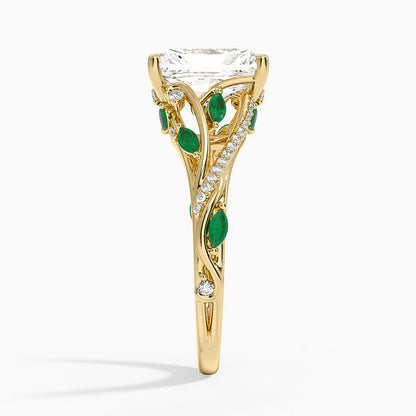 Begonia Vine Diamond and Lab Emerald Ring (1/8 ct. tw.) - Radiant Cut Center Stone