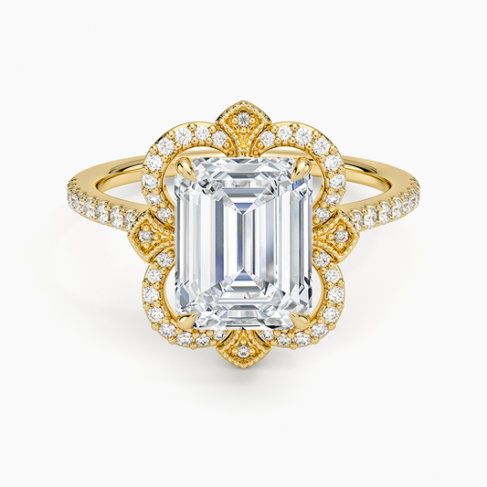 Reina Halo Diamond Ring - Emerald Cut Center Stone