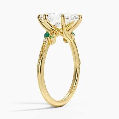 Camellia Milgrain Green Gemstone and Diamond Ring - Marquise Cut Center Stone