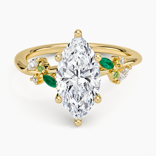 Arden Diamond Ring with Lab Emerald Accents - Marquise Cut Center Stone