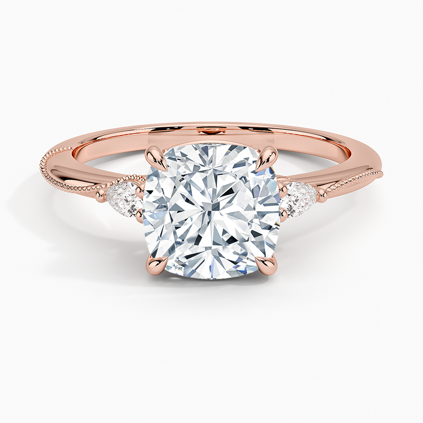 Camellia Three Stone Pear Diamond Ring - Cushion Cut Center Stone