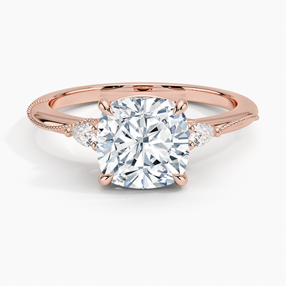 Camellia Three Stone Pear Diamond Ring - Cushion Cut Center Stone