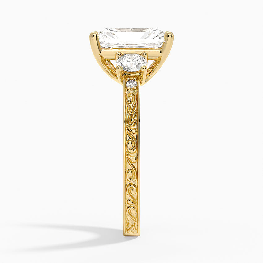 Antique Scroll Engraved Three Stone Diamond Ring (1/3 ct. tw.) - Radiant Cut Center Stone