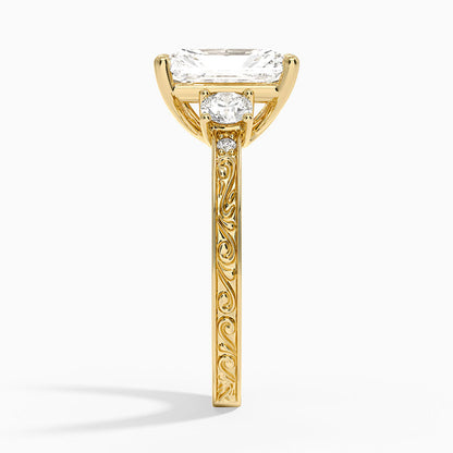 Antique Scroll Engraved Three Stone Diamond Ring (1/3 ct. tw.) - Radiant Cut Center Stone