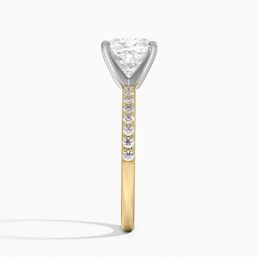 Petite Shared Prong Half Coverage Diamond Ring - Cushion Cut Center Stone