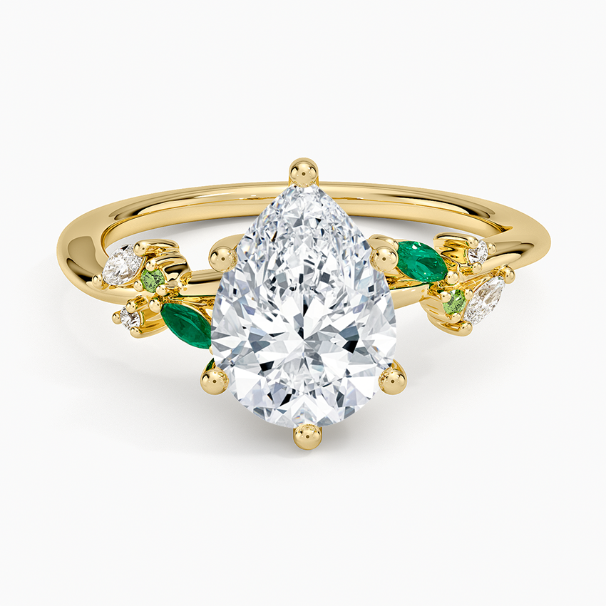 Arden Diamond Ring with Lab Emerald Accents - Pear Cut Center Stone