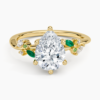 Arden Diamond Ring with Lab Emerald Accents - Pear Cut Center Stone