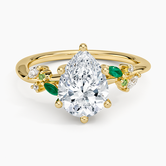 Arden Diamond Ring with Lab Emerald Accents - Pear Cut Center Stone
