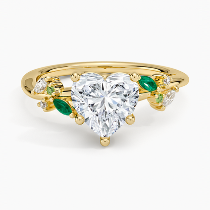 Arden Diamond Ring with Lab Emerald Accents - Heart Cut Center Stone