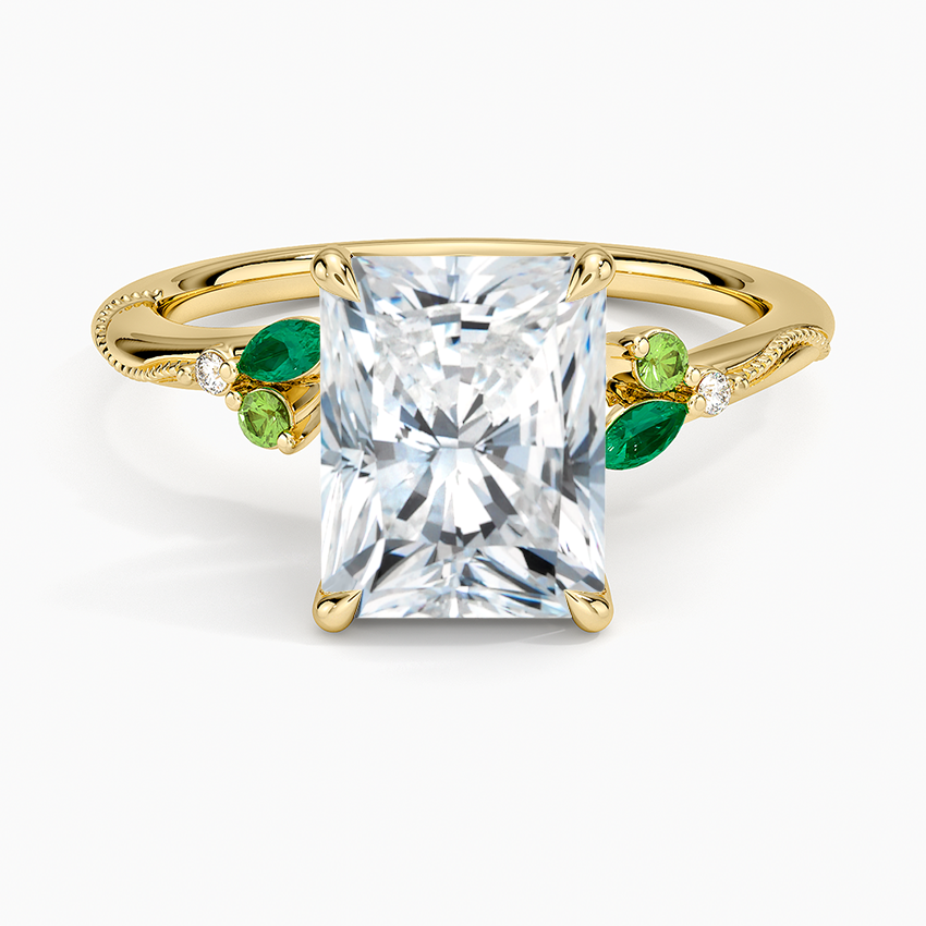 Camellia Milgrain Green Gemstone and Diamond Ring - Radiant Cut Center Stone