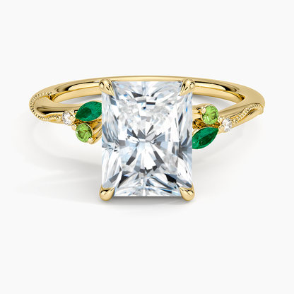 Camellia Milgrain Green Gemstone and Diamond Ring - Radiant Cut Center Stone