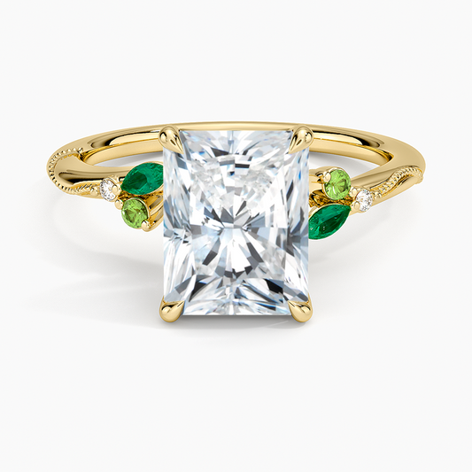 Camellia Milgrain Green Gemstone and Diamond Ring - Radiant Cut Center Stone