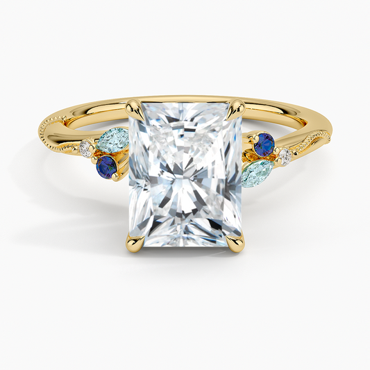 Camellia Indigo Milgrain Ring - Radiant Cut Center Stone