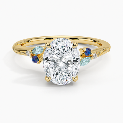 Camellia Indigo Milgrain Ring - Oval Cut Center Stone