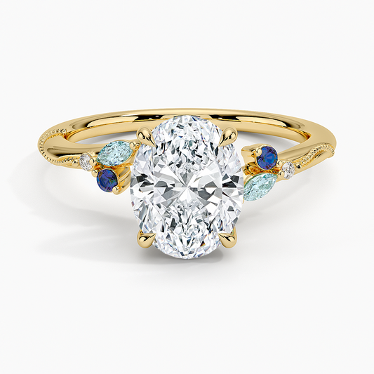 Camellia Indigo Milgrain Ring - Oval Cut Center Stone