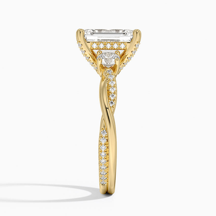 Adorned Petite Twisted Vine Three Stone Diamond Ring - Emerald Cut Center Stone