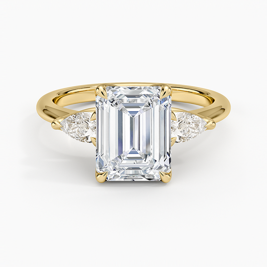 Fleur Three Stone Diamond Ring - Emerald Cut Center Stone