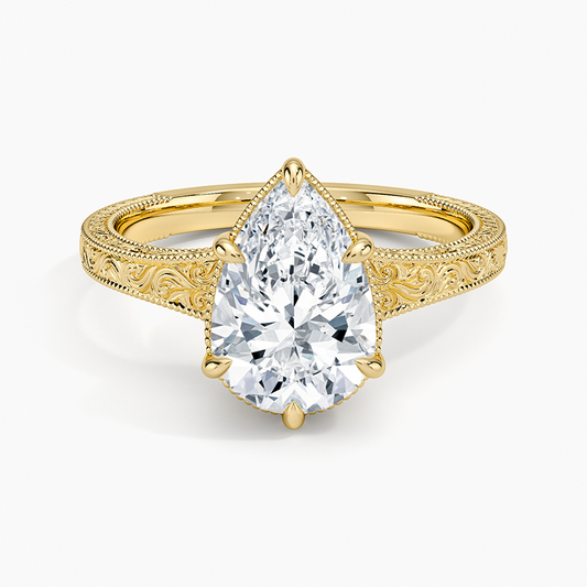 Tapered Elsie Engraved Solitaire Ring - Pear Center Stone