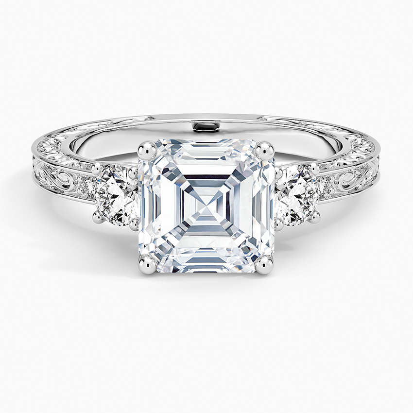Antique Scroll Engraved Three Stone Diamond Ring (1/3 ct. tw.) - Asscher Cut Center Stone