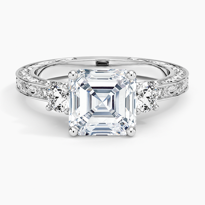 Antique Scroll Engraved Three Stone Diamond Ring (1/3 ct. tw.) - Asscher Cut Center Stone