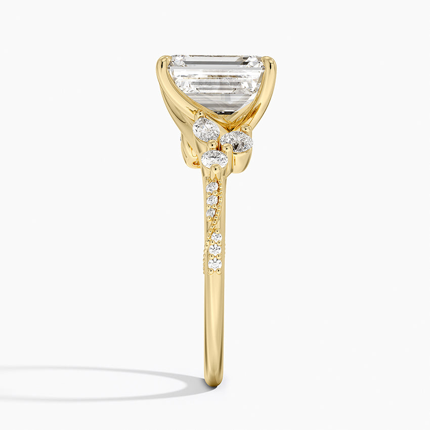 Luxe Camellia Milgrain Diamond Ring - Emerald Cut Center Stone