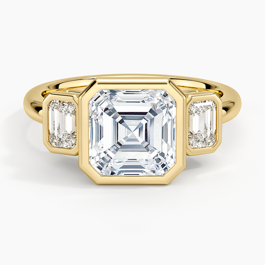 Rhiannon Bezel Three Stone Diamond Ring - Asscher Cut Center Stone