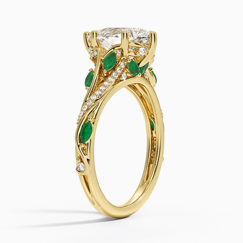 Begonia Vine Diamond and Lab Emerald Ring (1/8 ct. tw.) - Pear Cut Center Stone