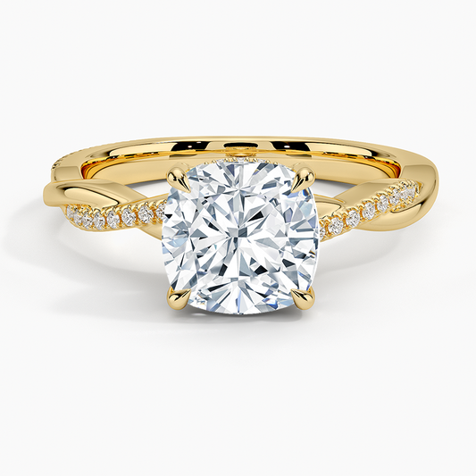 Petite Twisted Vine Hidden Halo Pavé Diamond Ring - Cushion Cut Center Stone