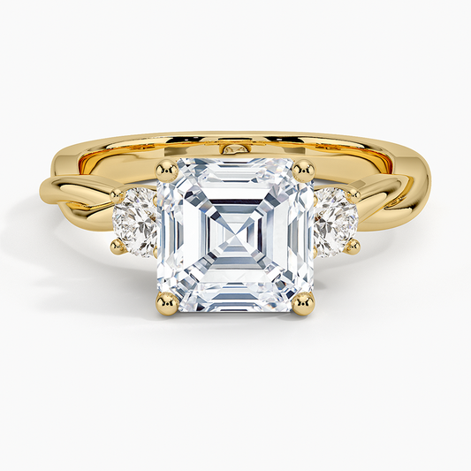 Twisted Vine Three Stone Diamond Ring - Asscher Cut Center Stone