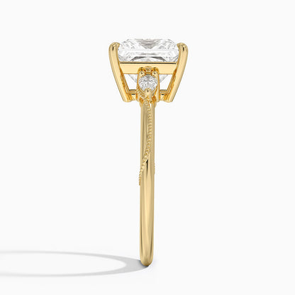 Camellia Three Stone Pear Diamond Ring - Princess Cut Center Stone