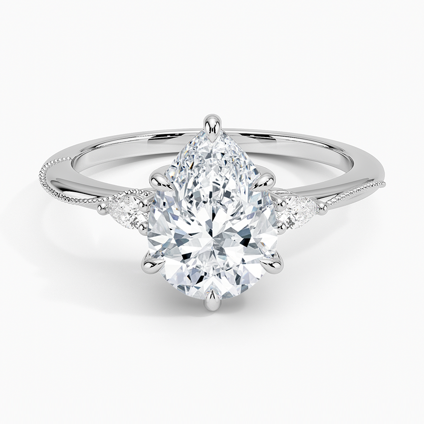 Camellia Three Stone Pear Diamond Ring - Pear Center Stone
