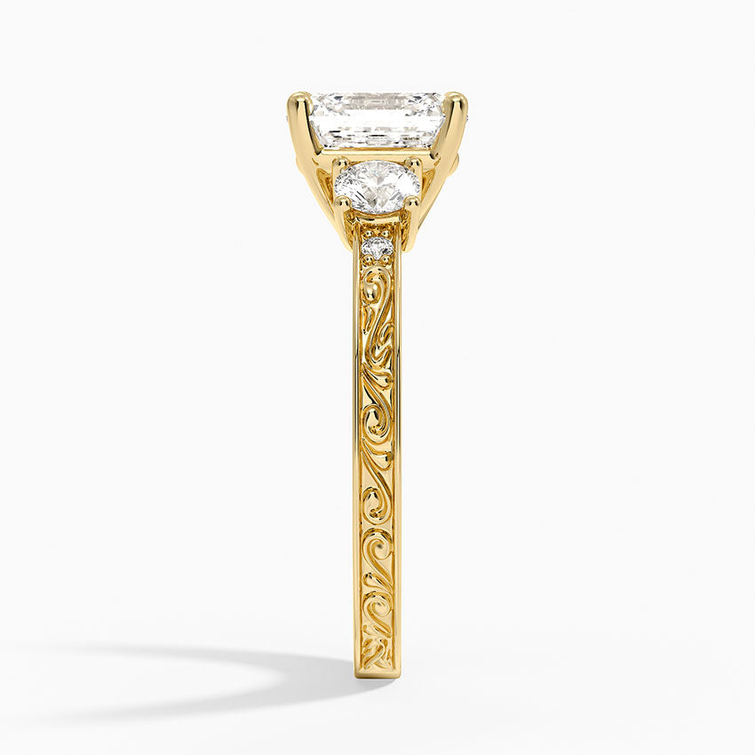 Antique Scroll Engraved Three Stone Diamond Ring (1/3 ct. tw.) - Asscher Cut Center Stone