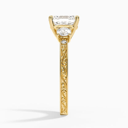 Antique Scroll Engraved Three Stone Diamond Ring (1/3 ct. tw.) - Asscher Cut Center Stone