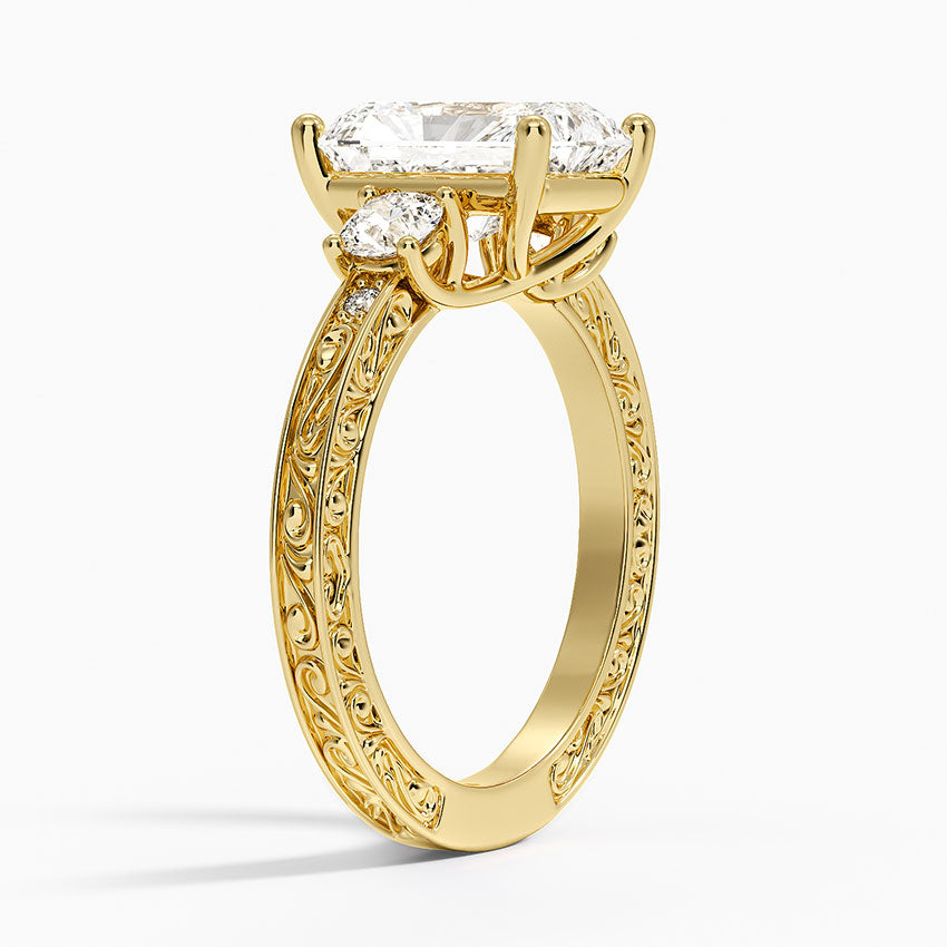 Antique Scroll Engraved Three Stone Diamond Ring (1/3 ct. tw.) - Radiant Cut Center Stone