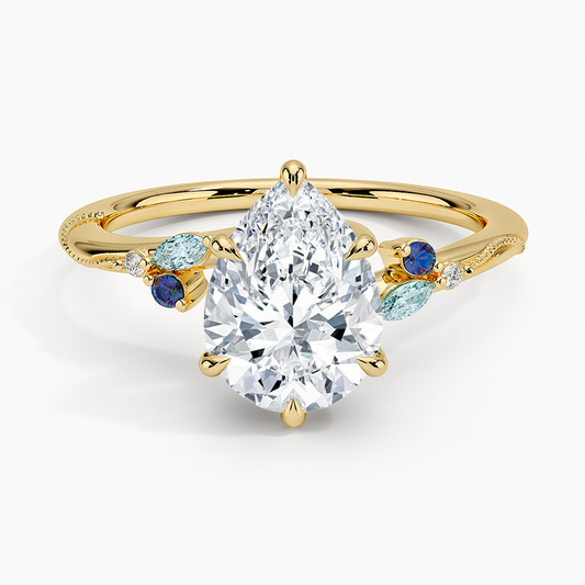 Camellia Indigo Milgrain Ring - Pear Cut Center Stone