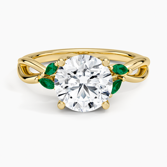 Willow Ring With Lab Emerald Accents - Round Cut Center Stone