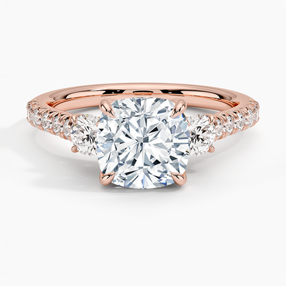 Amelie Three Stone Diamond Ring - Cushion Cut Center Stone