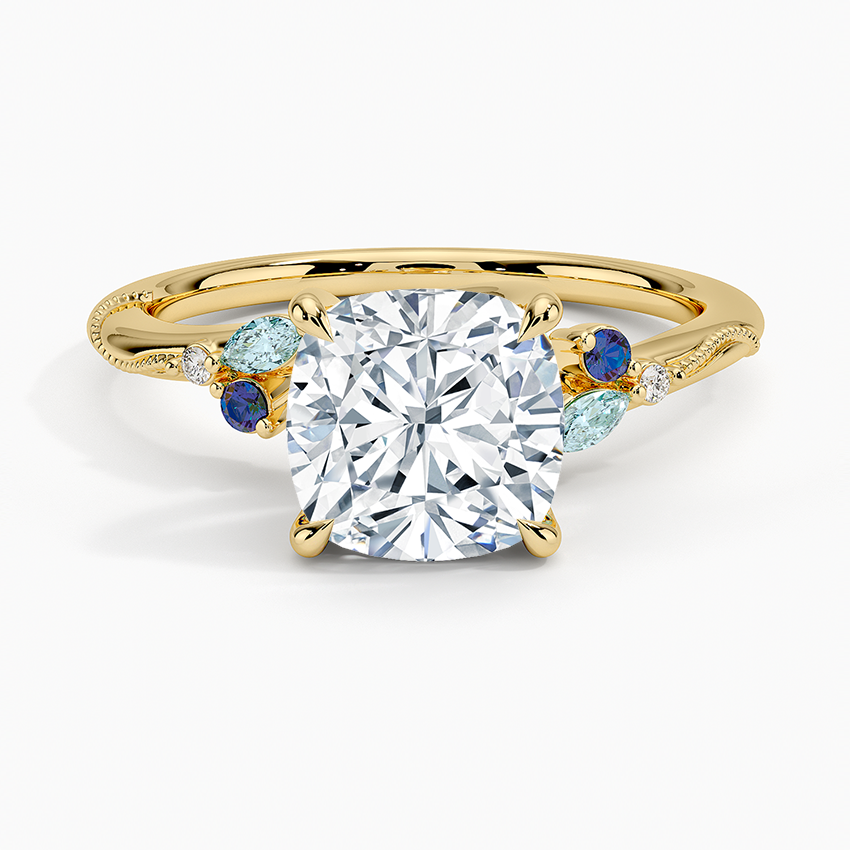 Camellia Indigo Milgrain Ring - Cushion Cut Center Stone