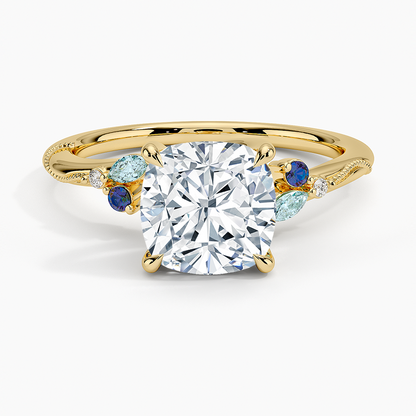Camellia Indigo Milgrain Ring - Cushion Cut Center Stone