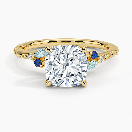 Camellia Indigo Milgrain Ring - Cushion Cut Center Stone
