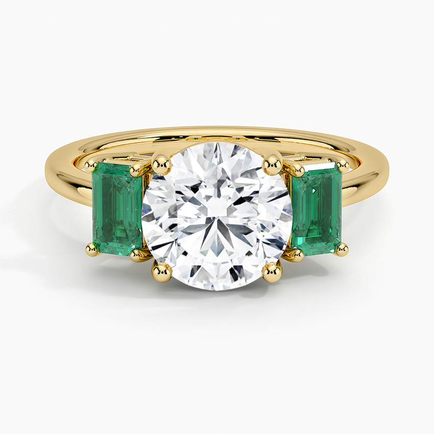 Luxe Rhiannon Three Stone Lab Emerald Ring - Round Cut Center Stone