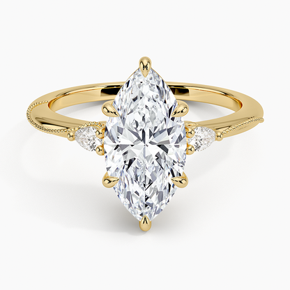 Camellia Three Stone Pear Diamond Ring - Marquise Center Stone
