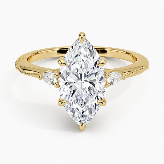 Camellia Three Stone Pear Diamond Ring - Marquise Center Stone