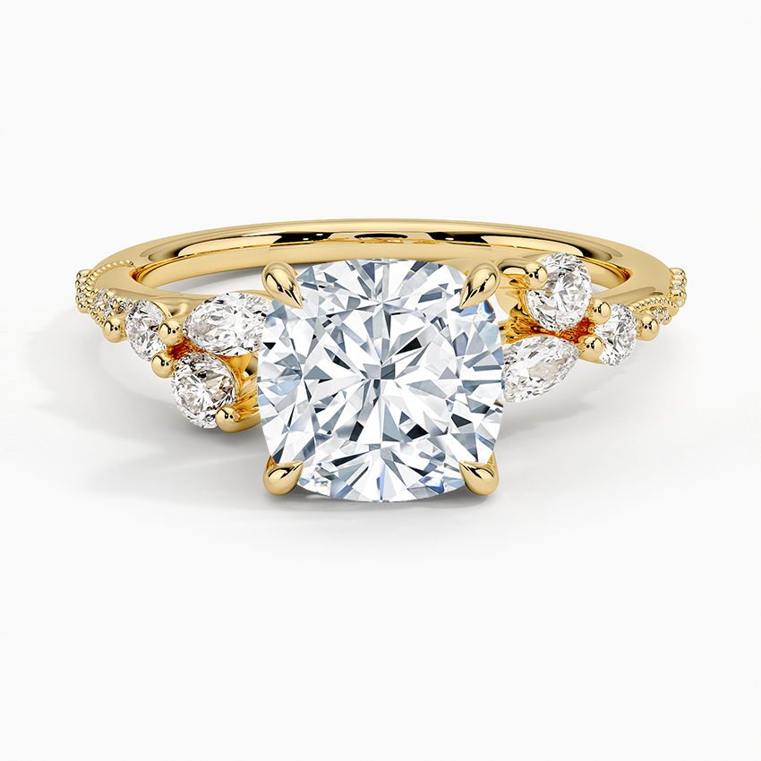 Luxe Camellia Milgrain Diamond Ring - Cushion Cut Center Stone