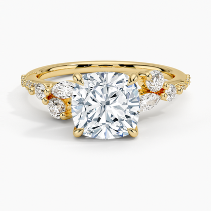 Luxe Camellia Milgrain Diamond Ring - Cushion Cut Center Stone